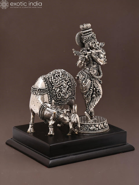 6" Small Superfine Fluting Krishna with Cow and Calf | Silver Plated Brass Statue on Wood Base