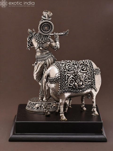 6" Small Superfine Fluting Krishna with Cow and Calf | Silver Plated Brass Statue on Wood Base