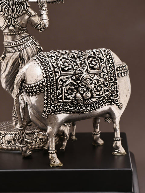 6" Small Superfine Fluting Krishna with Cow and Calf | Silver Plated Brass Statue on Wood Base