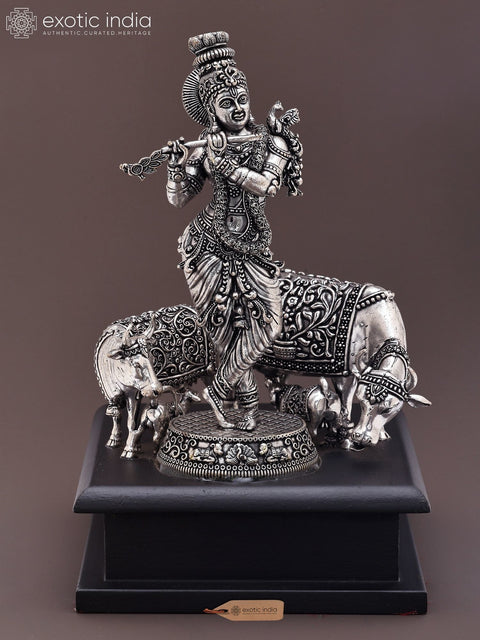 7" Small Superfine Fluting Lord Krishna with Two Cows and Calves | Silver Plated Brass Statue on Wood Base