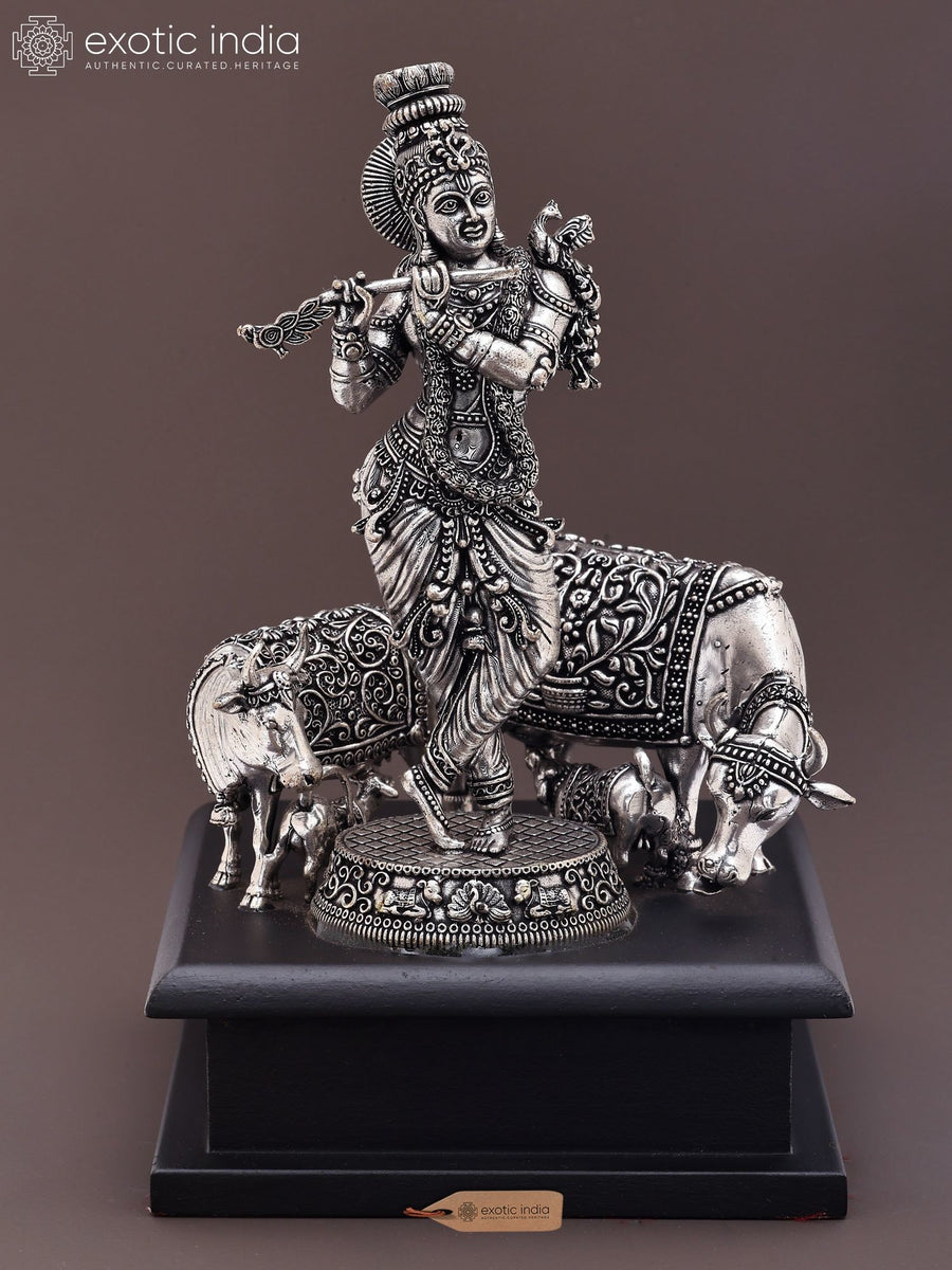 7" Silver Plated Brass Krishna Statue with Cows and Calves on Wood Base