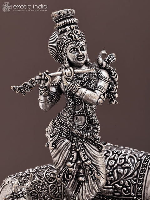 7" Small Superfine Fluting Lord Krishna with Two Cows and Calves | Silver Plated Brass Statue on Wood Base