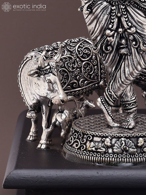 7" Small Superfine Fluting Lord Krishna with Two Cows and Calves | Silver Plated Brass Statue on Wood Base