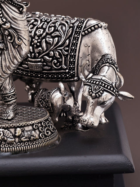 7" Small Superfine Fluting Lord Krishna with Two Cows and Calves | Silver Plated Brass Statue on Wood Base