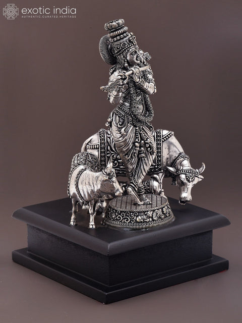 7" Small Superfine Fluting Lord Krishna with Two Cows and Calves | Silver Plated Brass Statue on Wood Base