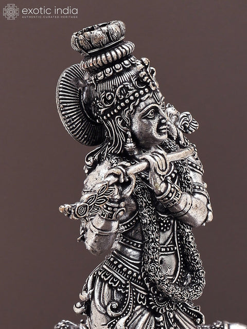 7" Small Superfine Fluting Lord Krishna with Two Cows and Calves | Silver Plated Brass Statue on Wood Base