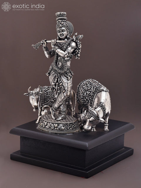 7" Small Superfine Fluting Lord Krishna with Two Cows and Calves | Silver Plated Brass Statue on Wood Base