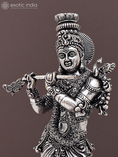 7" Small Superfine Fluting Lord Krishna with Two Cows and Calves | Silver Plated Brass Statue on Wood Base