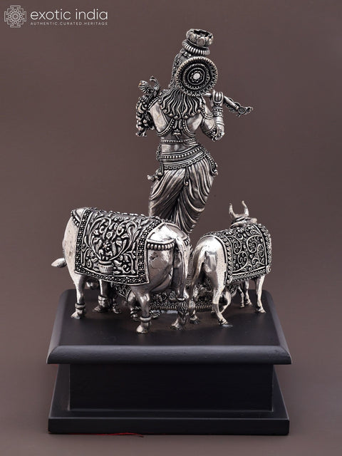 7" Small Superfine Fluting Lord Krishna with Two Cows and Calves | Silver Plated Brass Statue on Wood Base