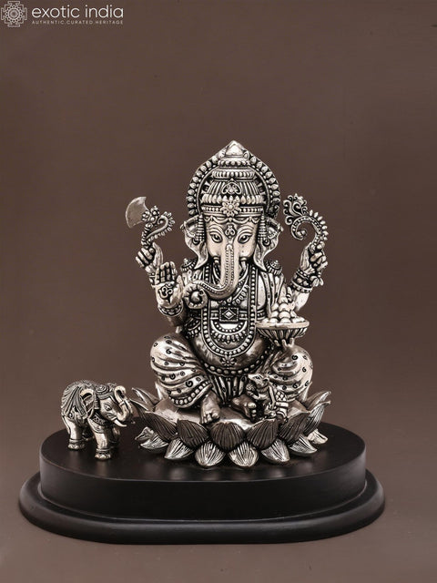 6" Small Superfine Blessing Lord Ganesha with a Cute Elephant | Silver Plated Brass Statue on Wood Base