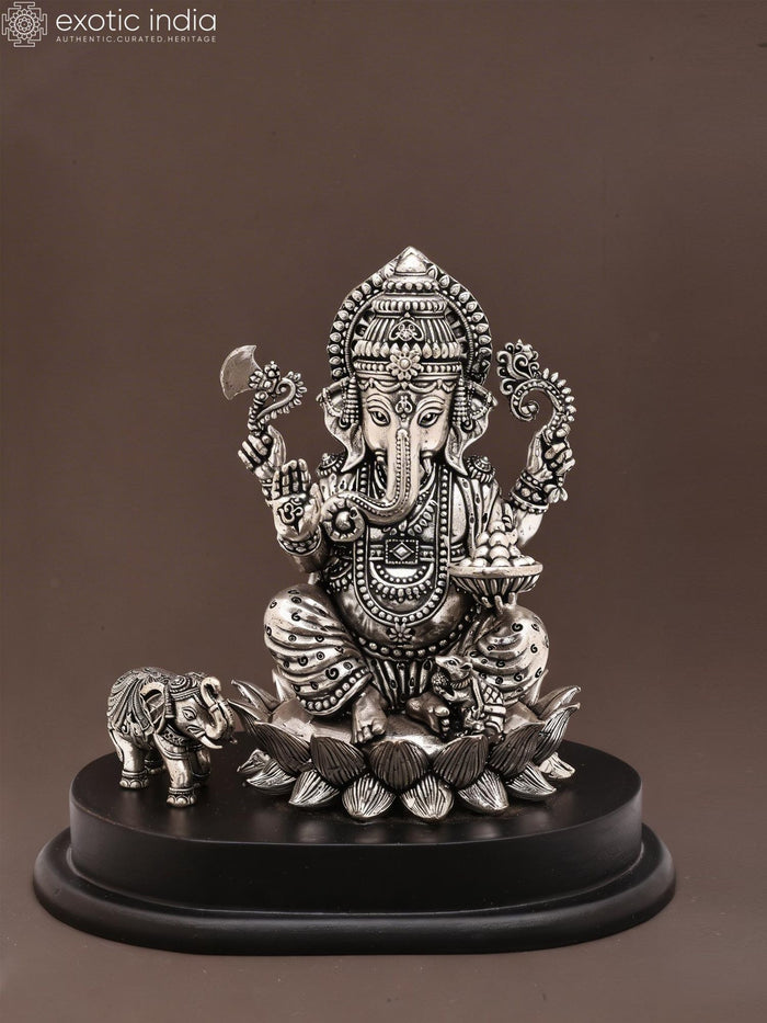 6" Silver Plated Brass Ganesha Statue with Wood Base for Pooja