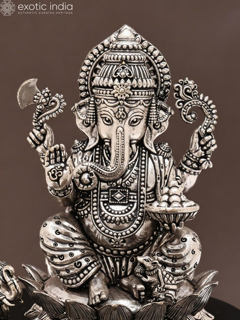 6" Small Superfine Blessing Lord Ganesha with a Cute Elephant | Silver Plated Brass Statue on Wood Base