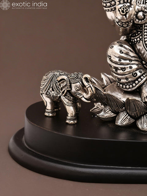 6" Small Superfine Blessing Lord Ganesha with a Cute Elephant | Silver Plated Brass Statue on Wood Base
