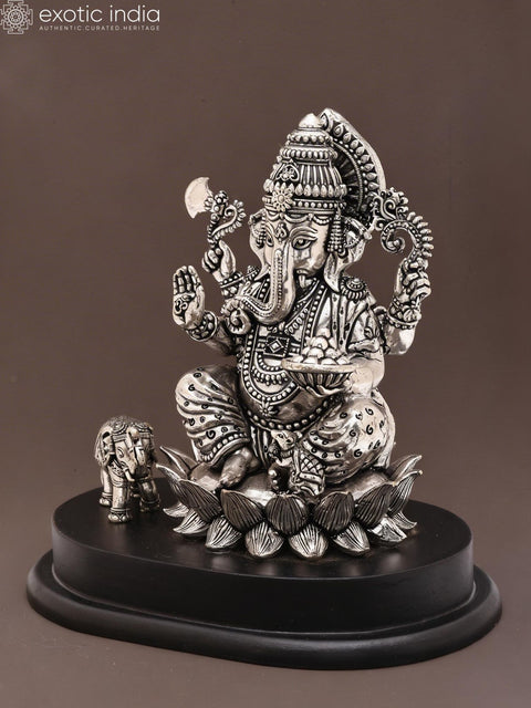 6" Small Superfine Blessing Lord Ganesha with a Cute Elephant | Silver Plated Brass Statue on Wood Base