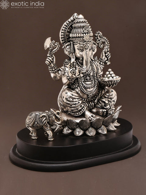 6" Small Superfine Blessing Lord Ganesha with a Cute Elephant | Silver Plated Brass Statue on Wood Base