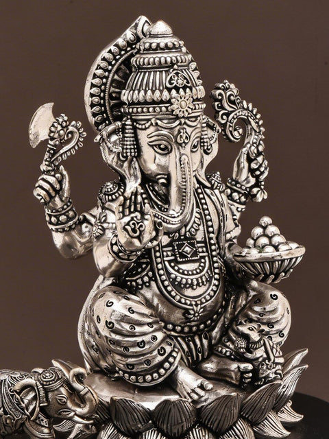 6" Small Superfine Blessing Lord Ganesha with a Cute Elephant | Silver Plated Brass Statue on Wood Base