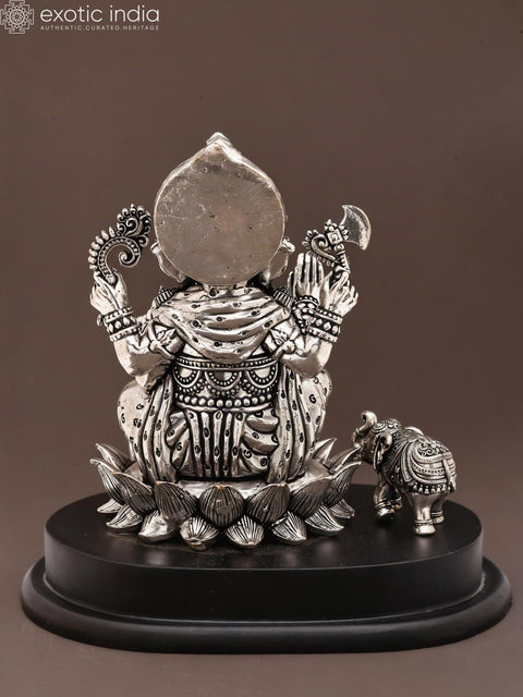 6" Small Superfine Blessing Lord Ganesha with a Cute Elephant | Silver Plated Brass Statue on Wood Base