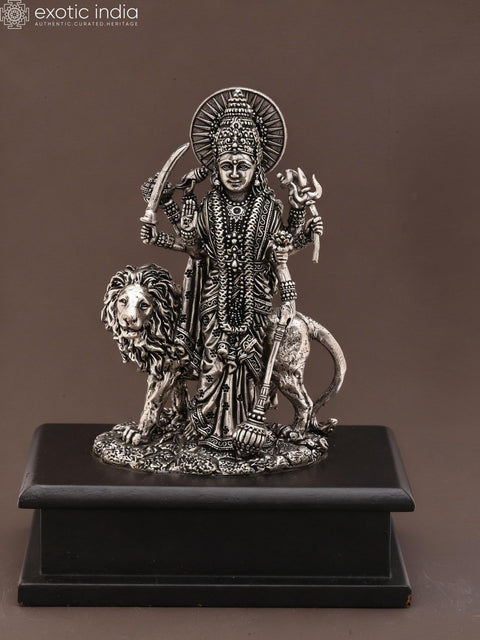6" Small Standing Goddess Durga (Maa Sherawali) | Silver Plated Brass Statue on Wood Base