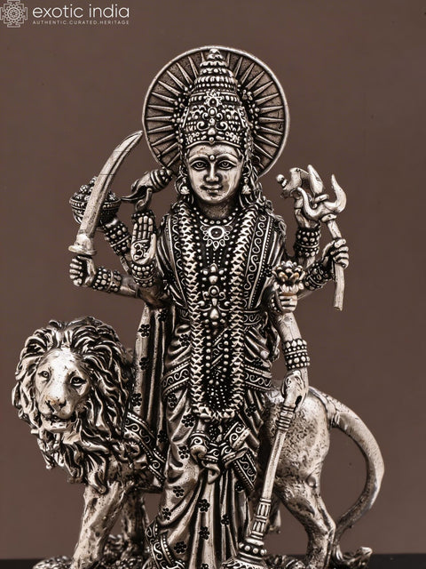 6" Small Standing Goddess Durga (Maa Sherawali) | Silver Plated Brass Statue on Wood Base