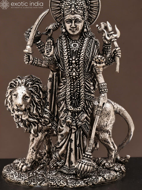 6" Small Standing Goddess Durga (Maa Sherawali) | Silver Plated Brass Statue on Wood Base
