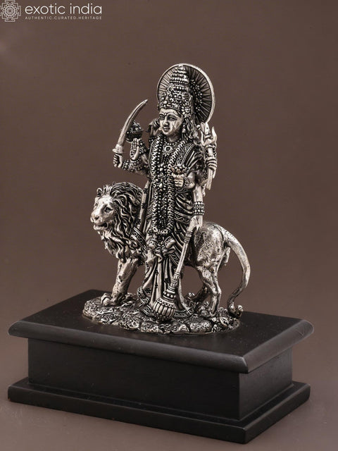 6" Small Standing Goddess Durga (Maa Sherawali) | Silver Plated Brass Statue on Wood Base