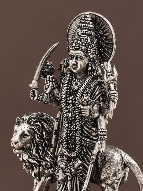 6" Small Standing Goddess Durga (Maa Sherawali) | Silver Plated Brass Statue on Wood Base