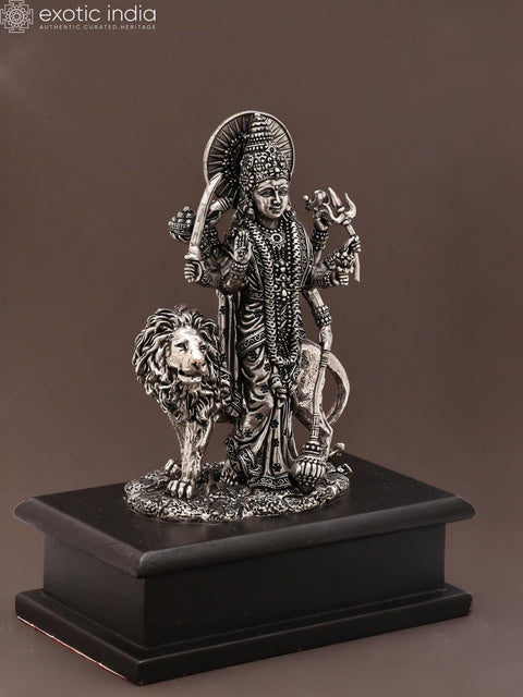 6" Small Standing Goddess Durga (Maa Sherawali) | Silver Plated Brass Statue on Wood Base