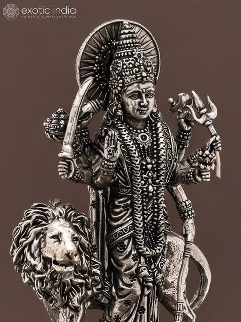 6" Small Standing Goddess Durga (Maa Sherawali) | Silver Plated Brass Statue on Wood Base