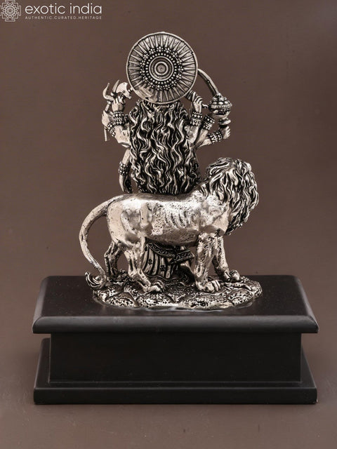 6" Small Standing Goddess Durga (Maa Sherawali) | Silver Plated Brass Statue on Wood Base