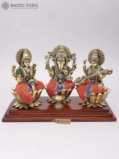 14" Lakshmi Ganesha Saraswati | Superfine Brass Statues with Inlay Work on Wood Base