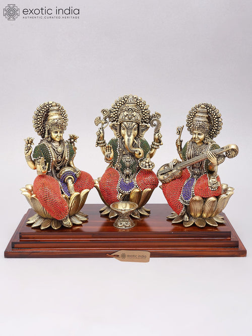14" Handmade Lakshmi Ganesha Saraswati Brass Statues with Wood Base