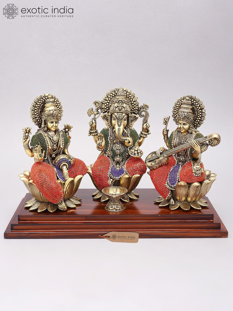 14" Handmade Lakshmi Ganesha Saraswati Brass Statues with Wood Base