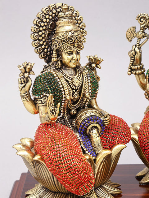 14" Lakshmi Ganesha Saraswati | Superfine Brass Statues with Inlay Work on Wood Base