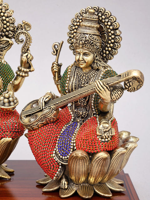 14" Lakshmi Ganesha Saraswati | Superfine Brass Statues with Inlay Work on Wood Base