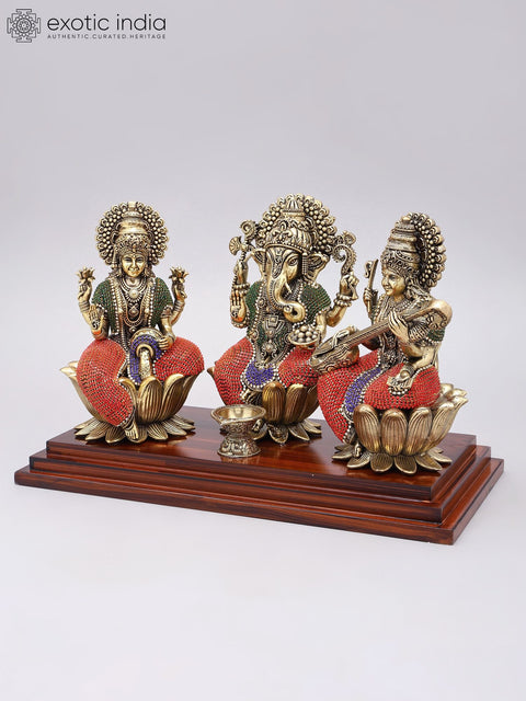 14" Lakshmi Ganesha Saraswati | Superfine Brass Statues with Inlay Work on Wood Base