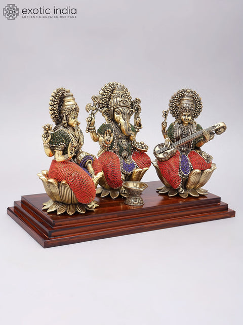 14" Lakshmi Ganesha Saraswati | Superfine Brass Statues with Inlay Work on Wood Base