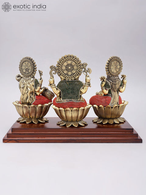 14" Lakshmi Ganesha Saraswati | Superfine Brass Statues with Inlay Work on Wood Base