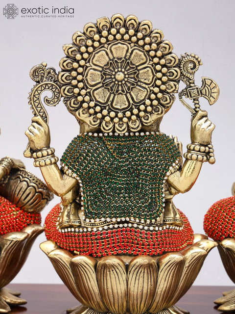 14" Lakshmi Ganesha Saraswati | Superfine Brass Statues with Inlay Work on Wood Base