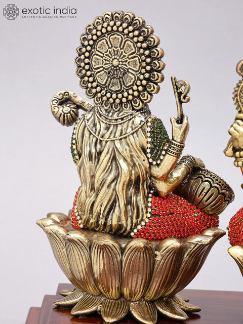 14" Lakshmi Ganesha Saraswati | Superfine Brass Statues with Inlay Work on Wood Base