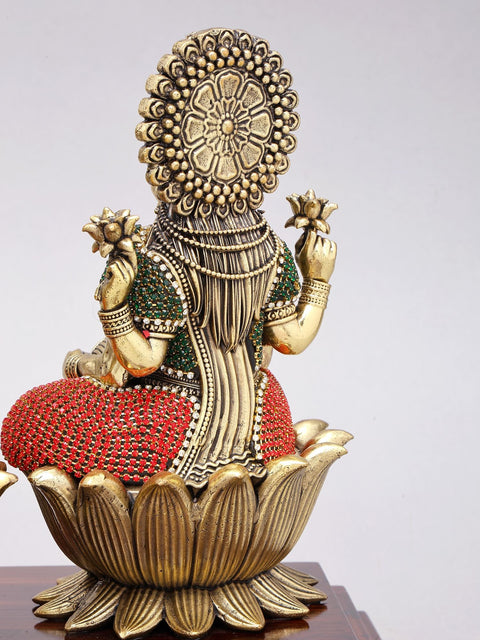 14" Lakshmi Ganesha Saraswati | Superfine Brass Statues with Inlay Work on Wood Base