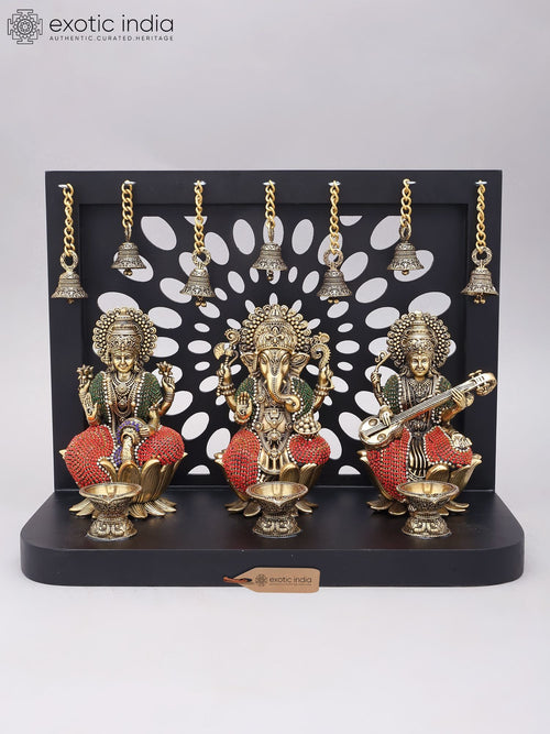 11" Lakshmi Ganesha Saraswati Brass Statue Set with Wood Frame and Hanging Bells