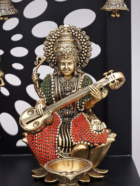 11" Lakshmi Ganesha Saraswati Divine Trio with Hanging Bells | Designer Wood Framed Brass Statues