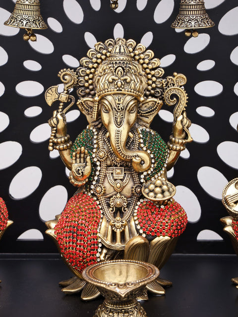 11" Lakshmi Ganesha Saraswati Divine Trio with Hanging Bells | Designer Wood Framed Brass Statues