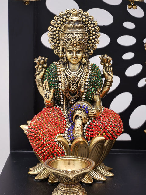 11" Lakshmi Ganesha Saraswati Divine Trio with Hanging Bells | Designer Wood Framed Brass Statues