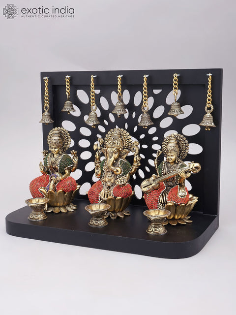11" Lakshmi Ganesha Saraswati Divine Trio with Hanging Bells | Designer Wood Framed Brass Statues
