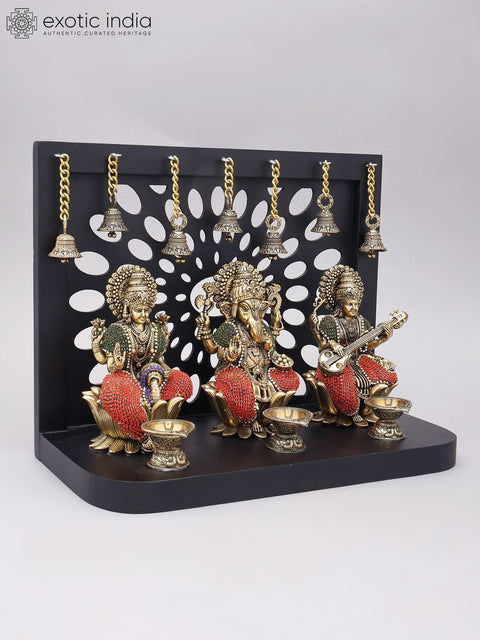 11" Lakshmi Ganesha Saraswati Divine Trio with Hanging Bells | Designer Wood Framed Brass Statues