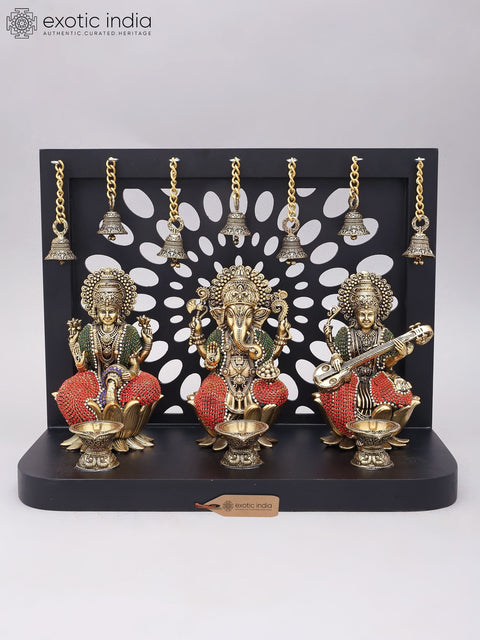 11" Lakshmi Ganesha Saraswati Divine Trio with Hanging Bells | Designer Wood Framed Brass Statues