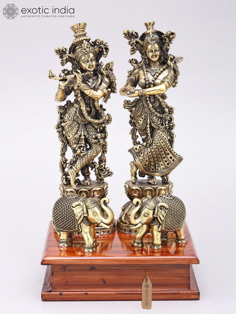 9" Superfine Standing Radha Krishna with Elephants | Brass Statues on Wood Base