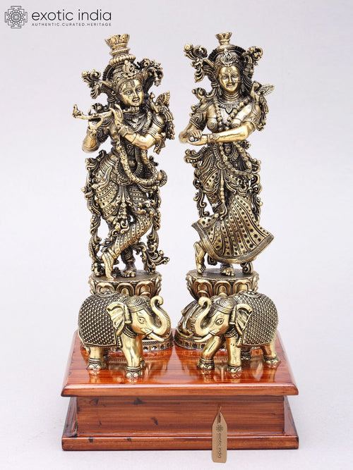 9" Handmade Radha Krishna with Elephants Brass Statue on Wood Base
