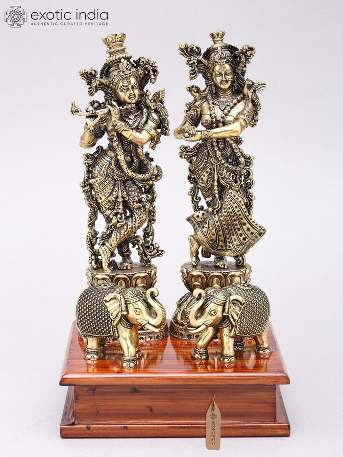 9" Superfine Standing Radha Krishna with Elephants | Brass Statues on Wood Base